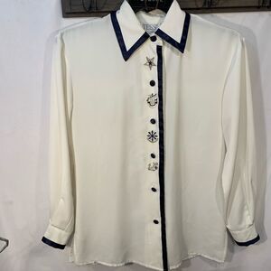 TESS Vintage Women’s Cream Navy Nautical Button Blouse
